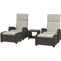 Outsunny 5-Piece Rattan Patio Reclining Chair Set with Footstools, Coffee Table, Cushions, for Outdoor Garden, Brown