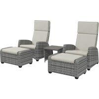 Outsunny 5-Piece Rattan Patio Reclining Chair Set with Footstools, Coffee Table, Cushions, for Outdoor Garden, Grey