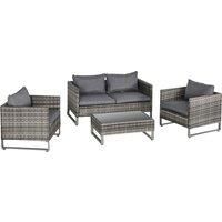 Outsunny 4-Seater PE Rattan Garden Furniture Wicker Dining Set w/ Glass Top Table, Cushions, Deep Grey
