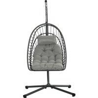 Outsunny Outdoor PE Rattan Swing Chair with Thick Padded Cushion, Foldable Basket Patio Hanging Chair with Metal Stand, Headrest