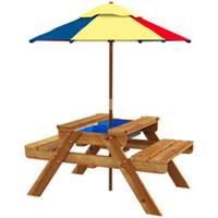 Outsunny Kids Picnic Table Set w/ Sand and Water, Removable Parasol - Brown