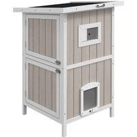 PawHut Outdoor 2 Tiers Wooden Cat Shelter w/ Removable Bottom, Escape Doors, Asphalt Roof, for 1-2 Cats - Light Grey