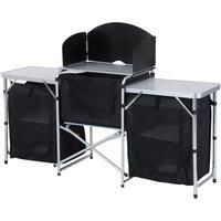 Outsunny Folding Camping Kitchen Cooking Table With Windscreen, Enclosed Cupboards, Aluminium Frame for BBQ, Party, Picnic