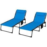 Outsunny 2 Piece Foldable Sun Lounger Set with 5-level Reclining Back, Outdoor Tanning Chairs Sun Loungers with Build-in Padded Seat, Side Pocket, Headrest for Beach, Yard, Patio, Blue