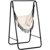 Outsunny Patio Hammock Chair with Stand, Outdoor Hammock Swing Hanging Rope Chair with Cushion, Armrest, Hooks, Cream White