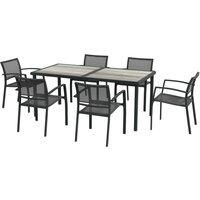 Outsunny 7 Pieces Garden Dining Set, Stackable Chairs, Outdoor Patio Dining Set, 6 Seater Outdoor Table and Chairs with Breathable Mesh Seat, Back, Plastic Top for Poolside, Space-Saving, Grey