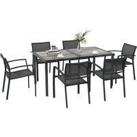 Outsunny 7 Pieces Garden Dining Set, Stackable Chairs, Outdoor Patio Dining Set, 6 Seater Outdoor Table and Chairs with Breathable Mesh Seat, Back, Plastic Top for Poolside, Space-Saving, Grey