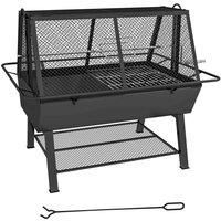 Outsunny 3-in-1 BBQ Rotisserie Grill Roaster Fire Pit with Storage Shelf, Mesh Lid and Poker, Charcoal Chicken Spit Roast Machine for Outdoor Picnic Camping, Black