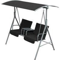 Outsunny 2 Seater Garden Swing Chair Patio Rocking Bench w/ Tilting Canopy, Double Padded Seats, Storage Bag and Tray, Black
