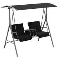 Outsunny 2 Person Covered Patio Swing with Pivot Table & Storage Console Black