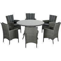 Outsunny 7 Pieces PE Rattan Outdoor Dining Set with Cushions, Garden Furniture Set with Six Armchairs, Patio Conservatory with Tempered Glass Tabletop with Umbrella Hole, Mixed Grey