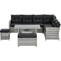 Outsunny 5-Piece Rattan Patio Furniture Set with Corner Sofa, Footstools, Glass Coffee Table, Cushions, Mixed Grey