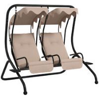 Outsunny Canopy Swing 2 Separate Relax Chairs w/ Handrails, Cup Holders Beige