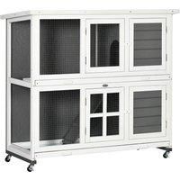 PawHut Wooden Rabbit Hutch with Wheels, Guinea Pig Cage, Small Animal House for Outdoor & Indoor with Slide-out Trays, 119 x 50.5 x 109cm, Grey