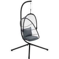 Outsunny Outdoor PE Rattan Swing Chair with Cushion, Foldable Basket Patio Hanging Chair with Metal Stand, 360° Rotation Spring Hook, Basket Height Adjust with Metal Chain, Grey