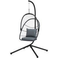 Outsunny Outdoor PE Rattan Swing Chair with Cushion, Foldable Basket Patio Hanging Chair w/ Metal Stand, Rotation Spring Hook, Basket Height