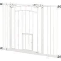PawHut Pressure Fit Stair Dog Gate w/ Small Cat Door, Automatic Closing Door, Double Locking, for 74-100cm Openings - White