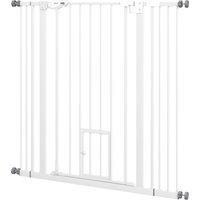 PawHut Extra Tall Pet Gate, Indoor Dog Safety Gate, with Cat Flap, Auto Close, 74-101cm Wide - White