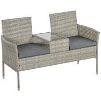 Outsunny Rattan Garden Bench w/ Glass Tea Table, Wicker Chair w/ Cushions Grey