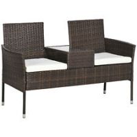 Outsunny Rattan Garden Bench w/ Glass Tea Table, Wicker Chair w/ Cushions, Brown
