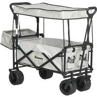 Outsunny Folding Trolley Cart Storage Wagon Beach Trailer 4 Wheels with Handle Overhead Canopy Cart Push Pull For Shopping Camping, Grey