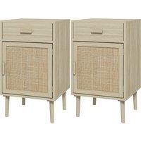 HOMCOM Bedside Tables Set of 2, Rattan Side Tables with Drawer, Cabinet, Adjustable Shelf, Bedside Cabinets with Storage for Bedroom, Living Room, Natural Wood Effect