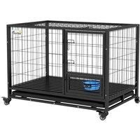 PawHut 43" Heavy Duty Dog Crate on Wheels w/ Bowl Holder, Removable Tray, Detachable Top, Double Doors for L, XL Dogs