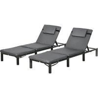 Outsunny Rattan Sun Loungers Set of 2 with 5-Level Adjustable Backrest, Wicker Lounge Chairs with Padded Cushion and Headrest for Outdoor, Poolside, Garden, Dark Grey