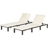 Outsunny Rattan Sun Loungers Set of 2 with 5-Level Adjustable Backrest, Wicker Lounge Chairs with Padded Cushion and Headrest for Outdoor, Poolside, Garden, Cream White