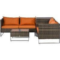 Outsunny 4 PCs Garden Rattan Wicker Outdoor Furniture Patio Corner Sofa Love Seat and Table Set with Cushions Side Desk Storage - Orange