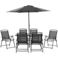 Outsunny 8 Pieces Garden Table and Chairs with Parasol Tempered Glass Top Black