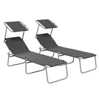 Outsunny Folding Sun Lounger Set of 2 w/ Sunshade Adjustable Backrest Grey