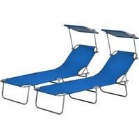 Outsunny Outdoor Foldable Sun Lounger Set of 2, 4 Level Adjustable Backrest Reclining Sun Lounger Chair with Angle Adjust Sun Shade Awning for Beach, Garden, Patio, Blue