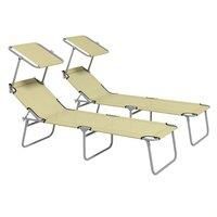 Outsunny Outdoor Foldable Sun Lounger Set of 2, 4 Level Adjustable Backrest, Reclining Chair with Angle Adjust Sun Shade Awning, Beige