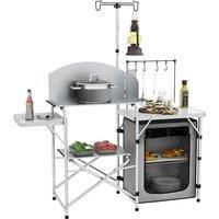 Outsunny Camping Kitchen w/ Storage Cupboard, Folding Camping Table, Aluminium Picnic Table w/ Windshield, Light Stand, Carrying Bag