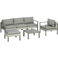 Outsunny 6 Pieces PE Rattan Garden Furniture Set with Sofa, Armchairs, Stool, Patio Sofa Set with Metal Coffee Table, Cushions, for Poolside, Light Grey