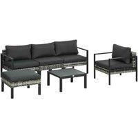 Outsunny 6 PCs Rattan Garden Furniture Set w/ Table, Cushion, Charcoal Grey
