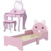 ZONEKIZ Wooden Kids Bedroom Furniture Set with Kids Dressing Table, Stool, Bed, for 3-6 Years, Cat-Design