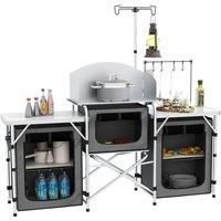 Outsunny Folding Camping Kitchen, Portable Aluminium Camping Table w/ 3 Fabric Cupboards, Windshield, Light Stand, Carrying Bag for BBQ, RV