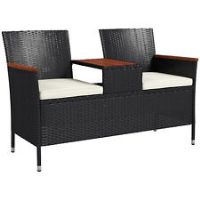 Outsunny Rattan Garden Bench w/ Wood Top Table, Wicker Chair w/ Cushions, Black