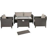Outsunny 5-Piece Rattan Patio Furniture Set with Gas Fire Pit Table, Loveseat Sofa, Armchairs, Cushions, Pillows, Deep Brown