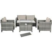 Outsunny 5-Piece Rattan Patio Furniture Set with Gas Fire Pit Table, Loveseat Sofa, Armchairs, Cushions, Pillows, Grey