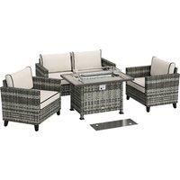 Outsunny 5-Piece Rattan Patio Furniture Set with Gas Fire Pit Table, Loveseat Sofa, Armchairs, Cushions, Pillows, Grey