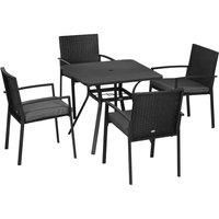 Outsunny 4 Seater Rattan Garden Furniture Set, 5 Pieces Outdoor Dining Set, Patio Conservatory with Cushions, Wood Effect Tabletop with Umbrella Hole - Black