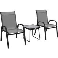 Outsunny 3 Pieces Outdoor Bistro Set, Patio Stackable Armchairs with Breathable Mesh Fabric and SPC Board Coffee Table, Light Grey