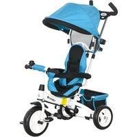 HOMCOM 4 in 1 Kids Trike Push Bike w/ Push Handle, Canopy, 5-point Safety Belt, Storage, Footrest, Brake, for 1-5 Years, Blue