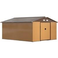 Outsunny 13 x 11 ft Metal Garden Shed Large Patio Roofed Tool Storage Box with Foundation Ventilation and Sliding Doors, Yellow