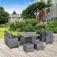 Outsunny 9PC Rattan Dining Set Garden Furniture 8-seater Wicker Outdoor Dining Set Chairs + Footrest + Table Thick Cushion - Grey