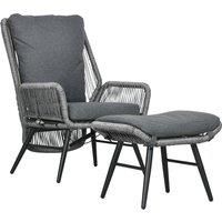 Outsunny 2 PCs PE Rattan Leisure Chair Set, Outdoor Reclining Patio Chair and Footrest w/ Adjustable Backrest & Cushion, Grey