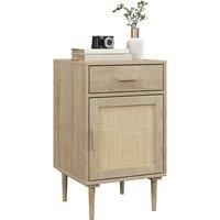 HOMCOM Bedside Table, Rattan Side Tables with Drawer, Cabinet and Adjustable Shelf, Boho Bedside Cabinet with Storage for Bedroom, Living Room, Natural Wood Effect